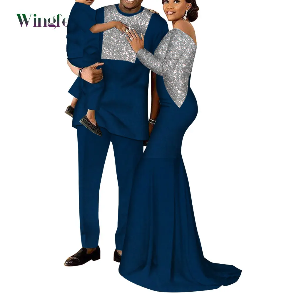 Customized African Family Clothing Women Long Dresses Dashiki Men Top Pant and Boy Attire Bazin Riche African Clothes