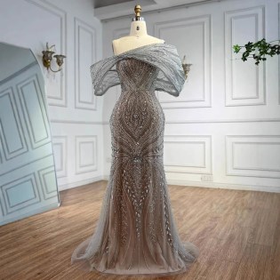 Serene Hill 2025 Customized Luxury Off Shoulder Silver Nude Beaded Mermaid Saudi Evening Dress Gown