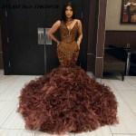 Asoebi Glitter Sequins Beaded Prom Dresses Coco Brown One Shoulder Slit