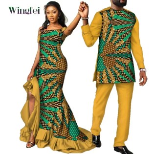 Fashion Couple Clothes African Ankara Print Women Maxi Long Dresses and Men Dashiki Suit