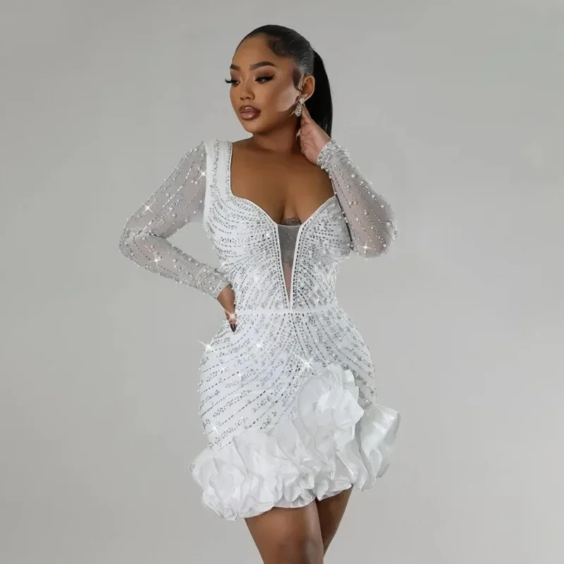 Party Dresses Beading Diamond Long Sleeves Ruffles for women Shiny Elegant Wedding Guest Female Gown Party Dresses Beading Diamond Long Sleeves Ruffles for women Shiny Elegant Wedding Guest Female Gown