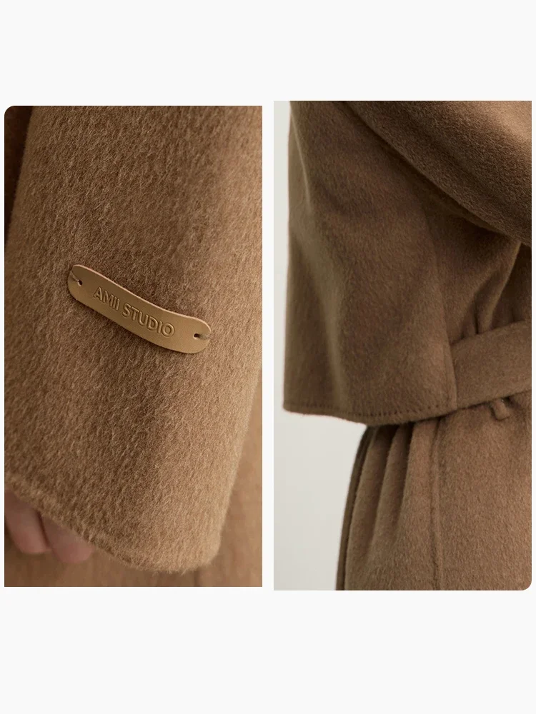 AMII Minimalism Lapel Collar Raglan Sleeve Woolen Coat for Women Wool Camel Cashmere Double-sided Outerwear