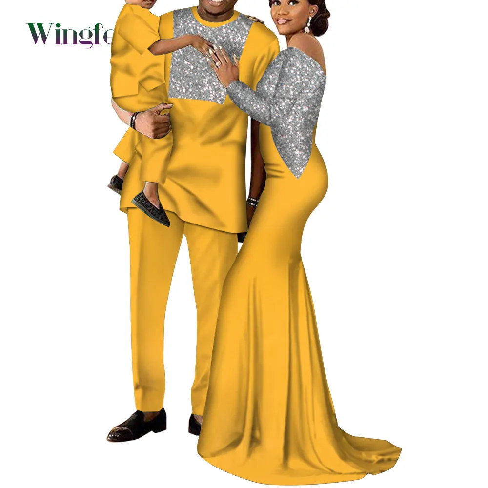 Customized African Family Clothing Women Long Dresses Dashiki Men Top Pant and Boy Attire Bazin Riche African Clothes
