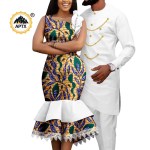 Dashiki African Slim Dresses for Women Matching Couple Outfits Men Chain Shirts and Pants Sets