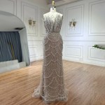 Customized Silver Nude Mermaid Strapless Tassel Beaded Luxury Evening Dresses