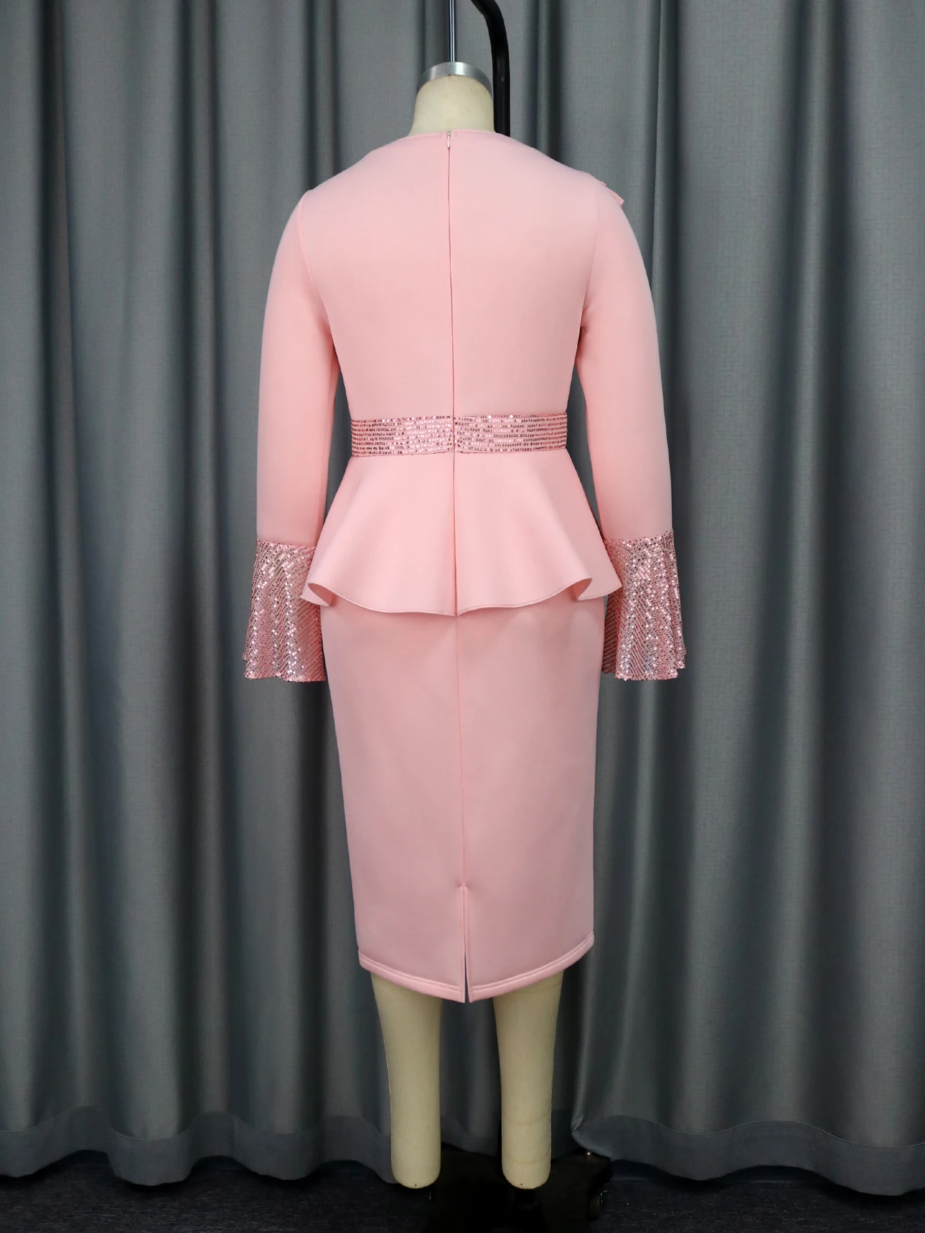 Church Dresses for Women Elegant Ruffles Long Flare Sleeves Sequined Party Bodycon Peplum Classy