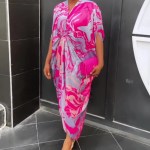 Summer African Printed Maxi Dress Women Causal V Neck Flare Ruffle Sleeve Loose Fit Ruched Front Slit Party Club Long Dress
