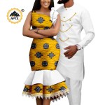 Dashiki African Slim Dresses for Women Matching Couple Outfits Men Chain Shirts and Pants Sets