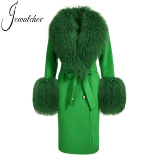 xwatcher Wool Cashmere Coat Women Real Mongolian Sheep Fur Collar Ladies Double Faced Coats Belt Winter Fall Long Trench Jacket