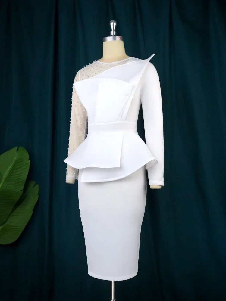 AOMEI Women White Party Dress Long Sleeve O Neck Beading Mesh Patchwork Peplum Elegant Event Evening Birthday