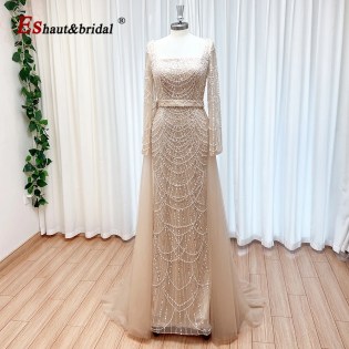 Elegant Nude Mermaid Pearl Evening Dress for Women Detachable Skirt 2025 Flare Sleeves Formal Prom Wedding Party Gown