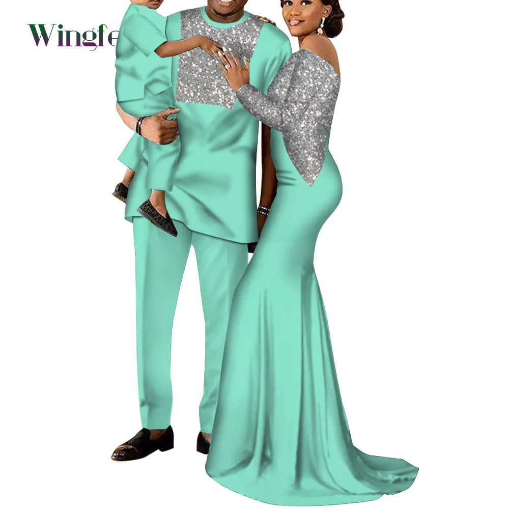 Customized African Family Clothing Women Long Dresses Dashiki Men Top Pant and Boy Attire Bazin Riche African Clothes