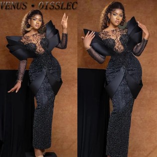 Elegant African Formal Prom Dress Handmade Beading Pearls Aso Ebi Style Evening Dresses with 3D Sleeves