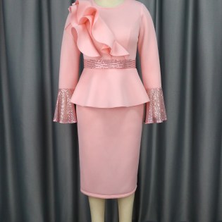 Church Dresses for Women Elegant Ruffles Long Flare Sleeves Sequined Party Bodycon Peplum Classy