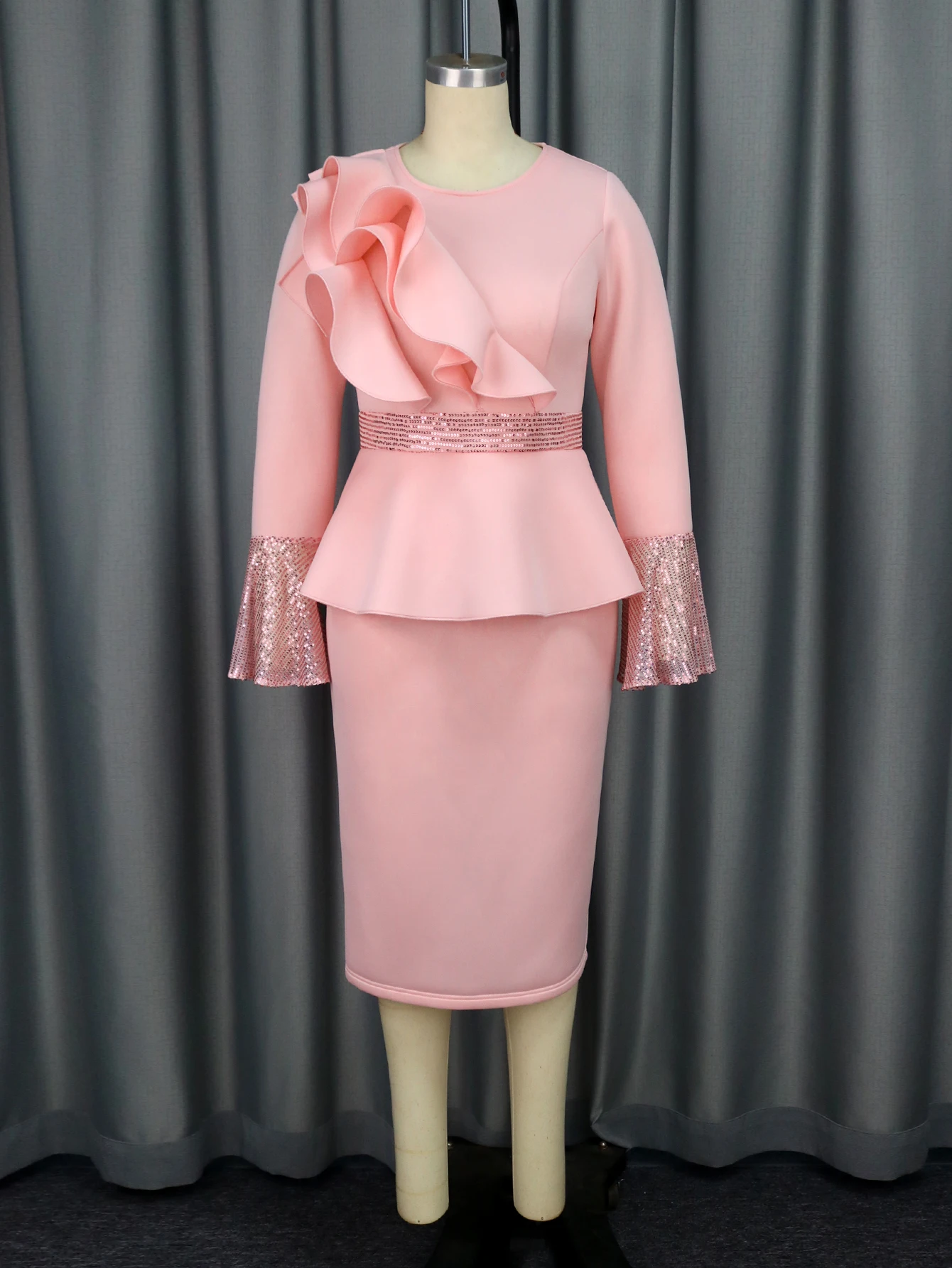 Church Dresses for Women Elegant Ruffles Long Flare Sleeves Sequined Party Bodycon Peplum Classy