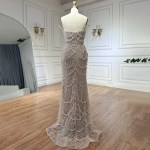 Customized Silver Nude Mermaid Strapless Tassel Beaded Luxury Evening Dresses