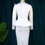 AOMEI Women White Party Dress Long Sleeve O Neck Beading Mesh Patchwork Peplum Elegant Event Evening Birthday