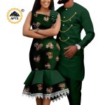 Dashiki African Slim Dresses for Women Matching Couple Outfits Men Chain Shirts and Pants Sets