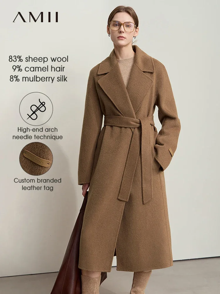 AMII Minimalism Lapel Collar Raglan Sleeve Woolen Coat for Women Wool Camel Cashmere Double-sided Outerwear