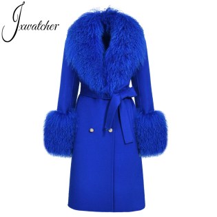 S947c4571712b42f993807d7f08cdf6bef.webp xwatcher Wool Cashmere Coat Women Real Mongolian Sheep Fur Collar Ladies Double Faced Coats Belt Winter Fall Long Trench Jacket