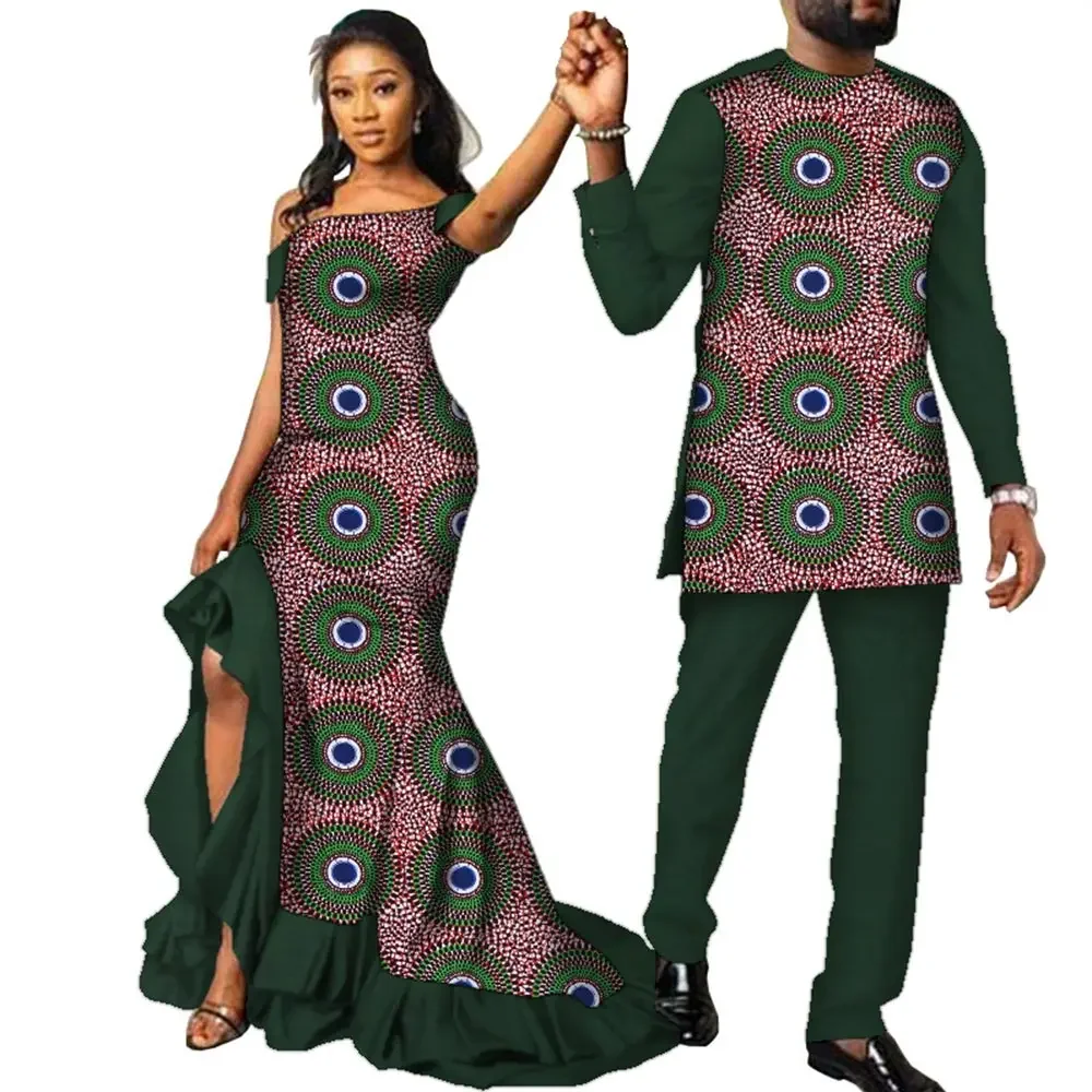 Fashion Couple Clothes African Ankara Print Women Maxi Long Dresses and Men Dashiki Suit