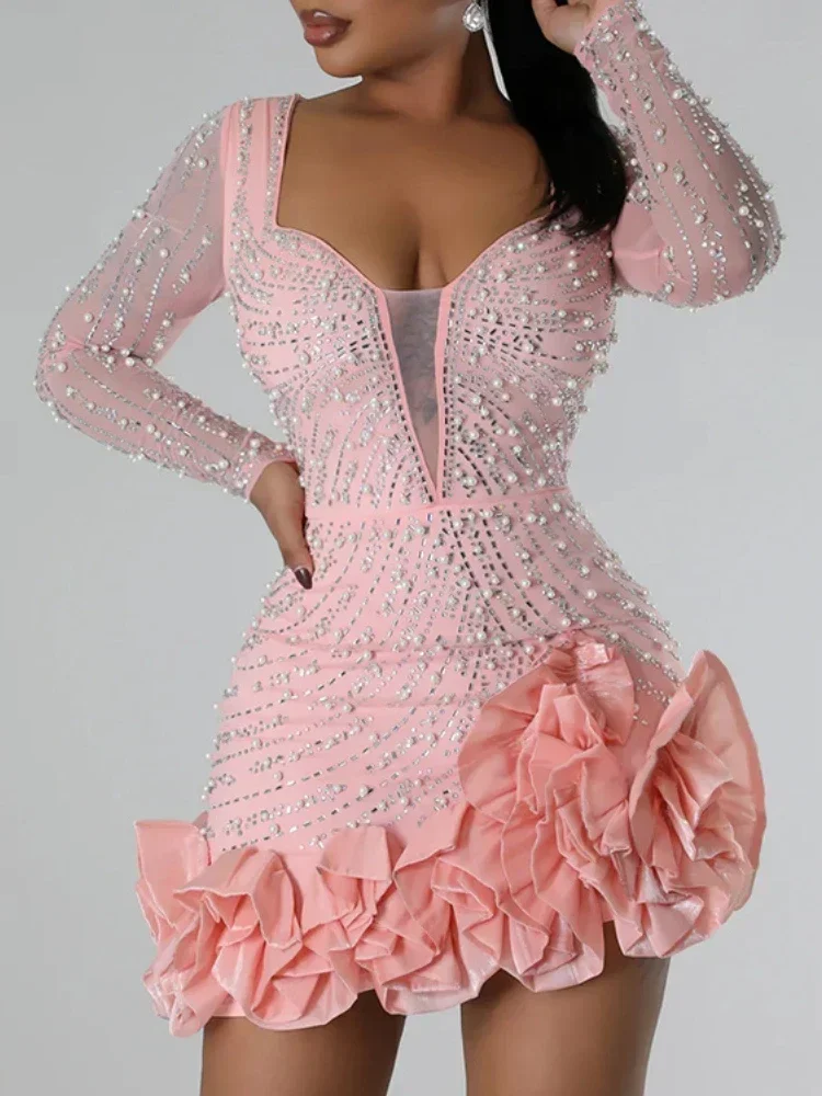 Party Dresses Beading Diamond Long Sleeves Ruffles for women Shiny Elegant Wedding Guest Female Gown Party Dresses Beading Diamond Long Sleeves Ruffles for women Shiny Elegant Wedding Guest Female Gown