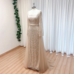 Elegant Nude Mermaid Pearl Evening Dress for Women Detachable Skirt 2025 Flare Sleeves Formal Prom Wedding Party Gown