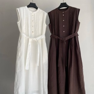 2025 spring and summer new women's fashion sleeveless crew neck belt ramie long dress