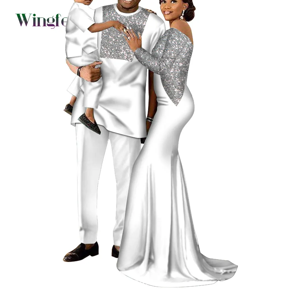 Customized African Family Clothing Women Long Dresses Dashiki Men Top Pant and Boy Attire Bazin Riche African Clothes