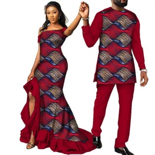 Fashion Couple Clothes African Ankara Print Women Maxi Long Dresses and Men Dashiki Suit