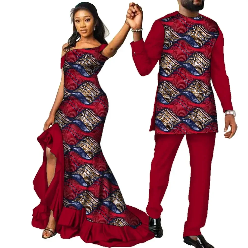 Fashion Couple Clothes African Ankara Print Women Maxi Long Dresses and Men Dashiki Suit