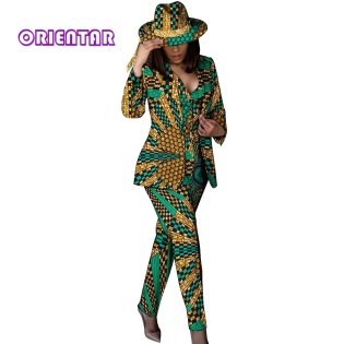 African Outfits for Women African Print Pants and Blazer with Hat Office Suits Set