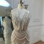 Customized Silver Nude Mermaid Strapless Tassel Beaded Luxury Evening Dresses