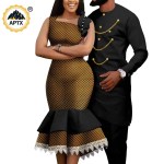 Dashiki African Slim Dresses for Women Matching Couple Outfits Men Chain Shirts and Pants Sets