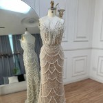 Customized Silver Nude Mermaid Strapless Tassel Beaded Luxury Evening Dresses