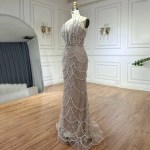 Customized Silver Nude Mermaid Strapless Tassel Beaded Luxury Evening Dresses