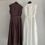 2025 spring and summer new women's fashion sleeveless crew neck belt ramie long dress